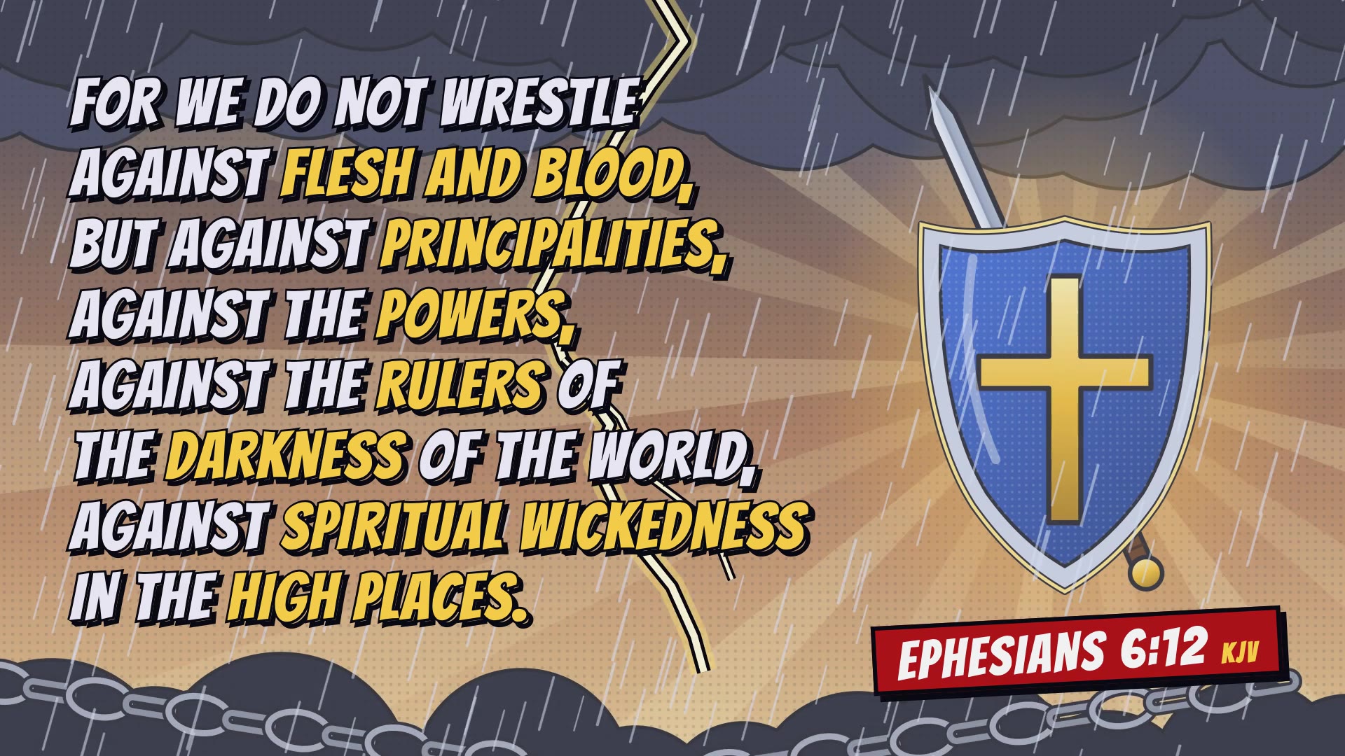 Comic storm panel with the words of Ephesians 6:12 and the shield of faith